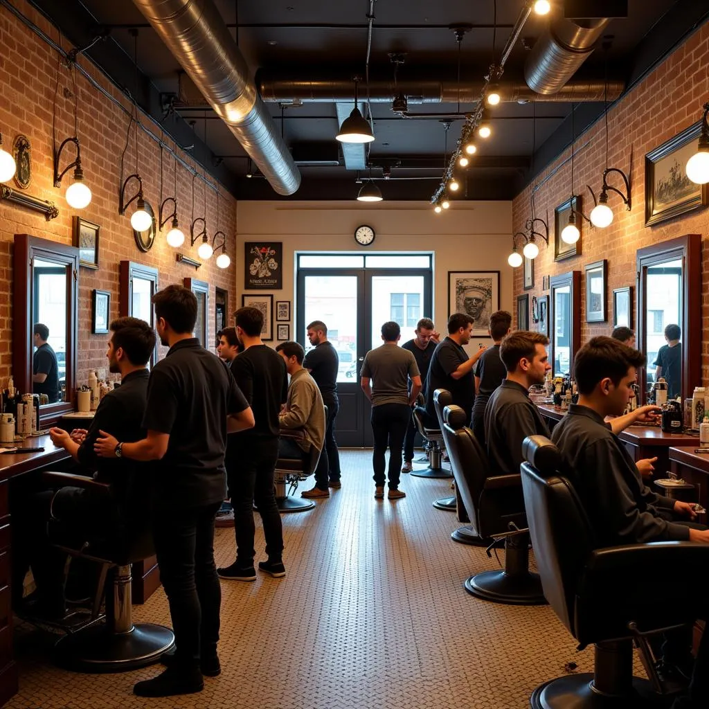 Vibrant and welcoming barbershop interior with diverse clientele and skilled barbers