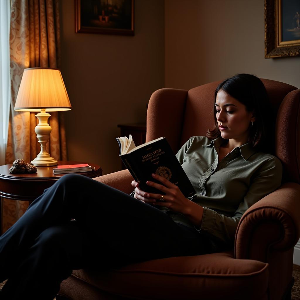 A reader engrossed in a Folio Society James Bond book