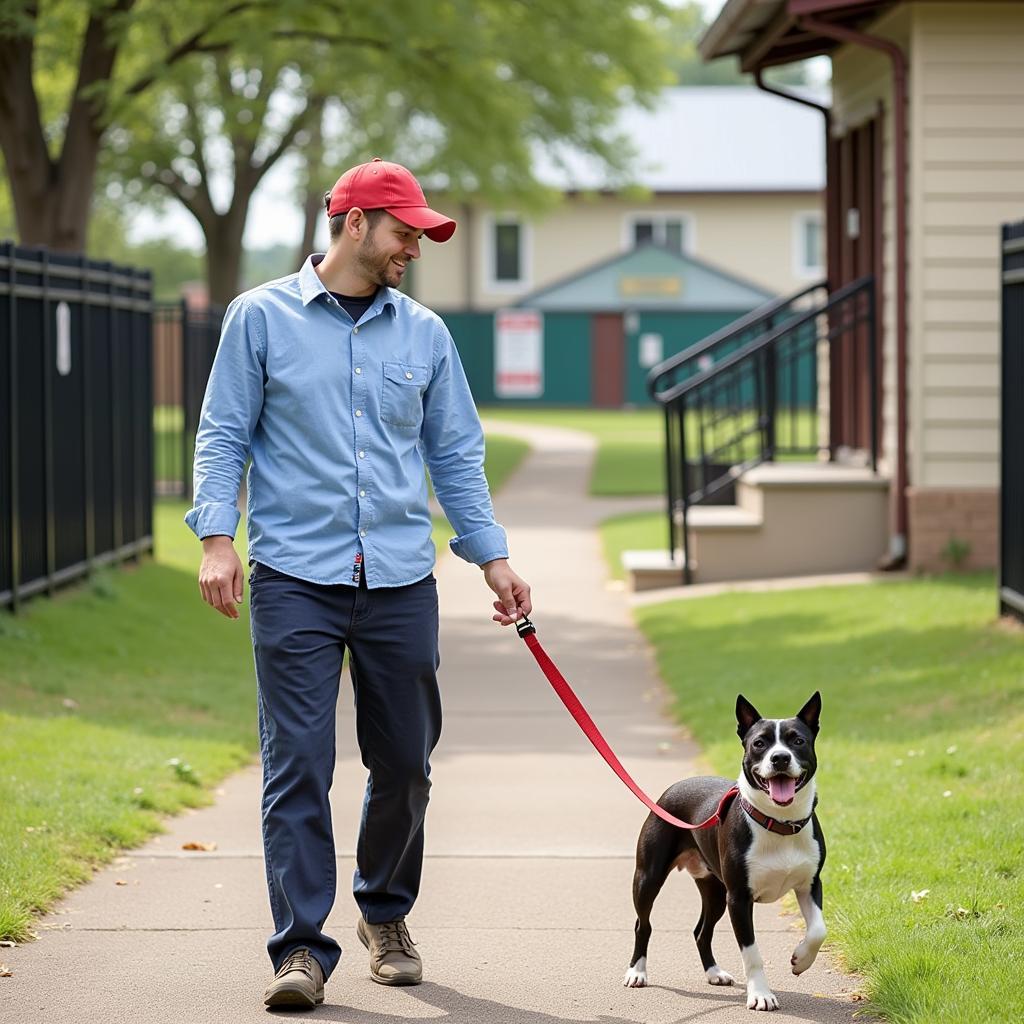 Volunteers walking a dog at the Fond du Lac WI Humane Society