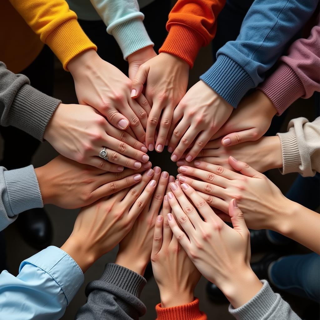 People forming a circle, hands on each other's shoulders