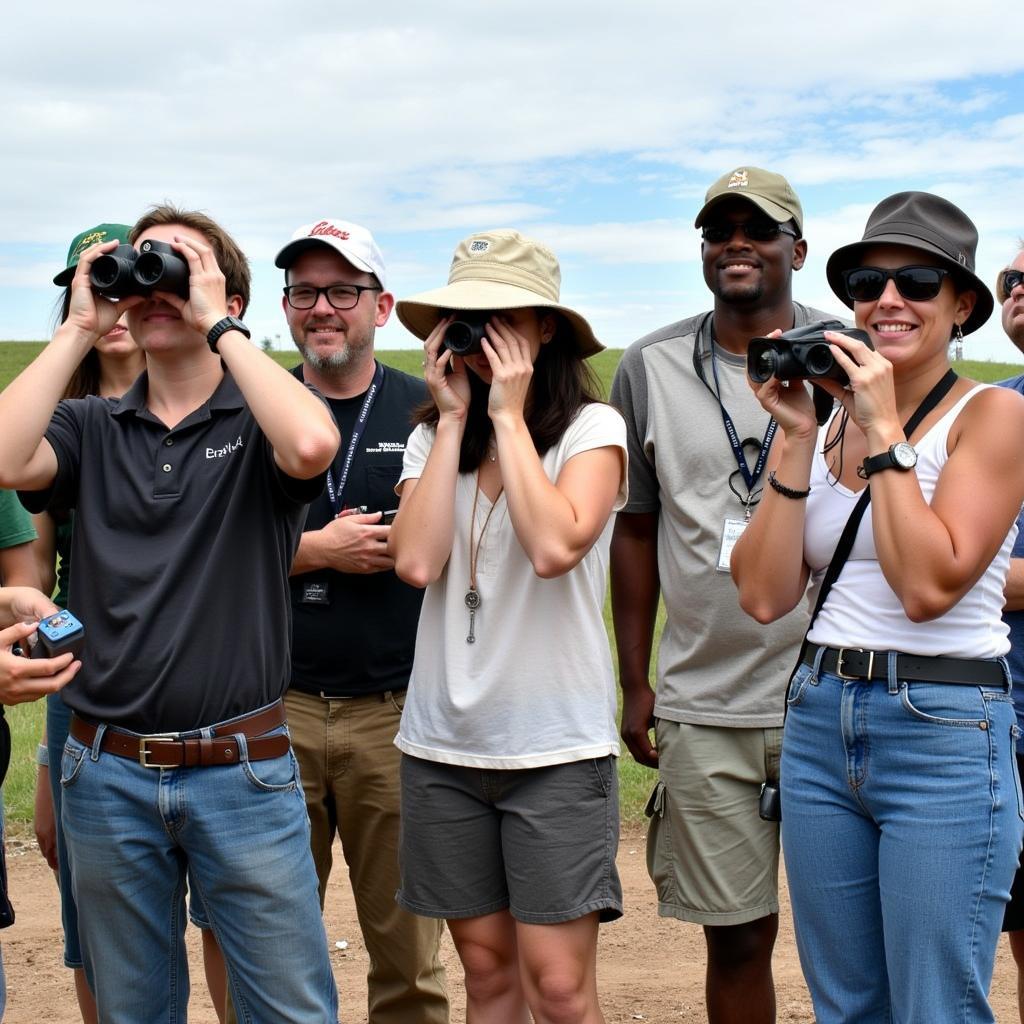 Bird watchers observing birds with binoculars.