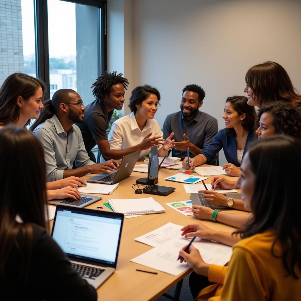 Diverse group of professionals collaborating in a meeting