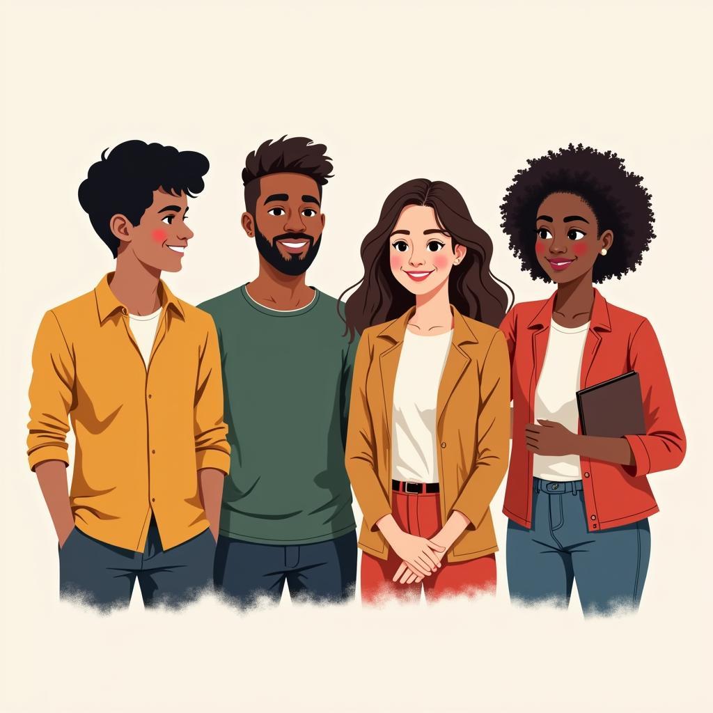 Illustration of a diverse group of four individuals representing the concept of a "four freshmen society"