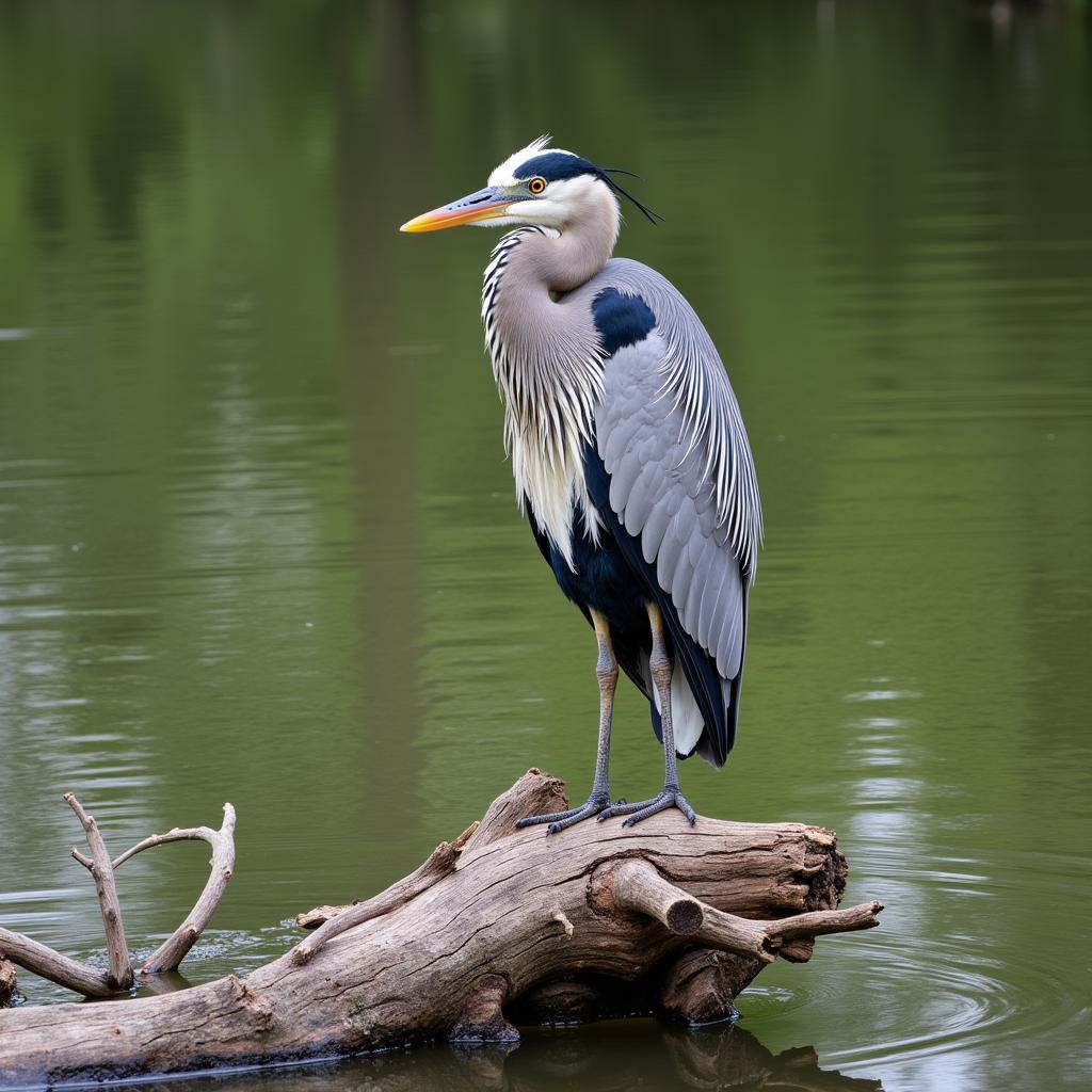 A heron perched on a log in the Fox River