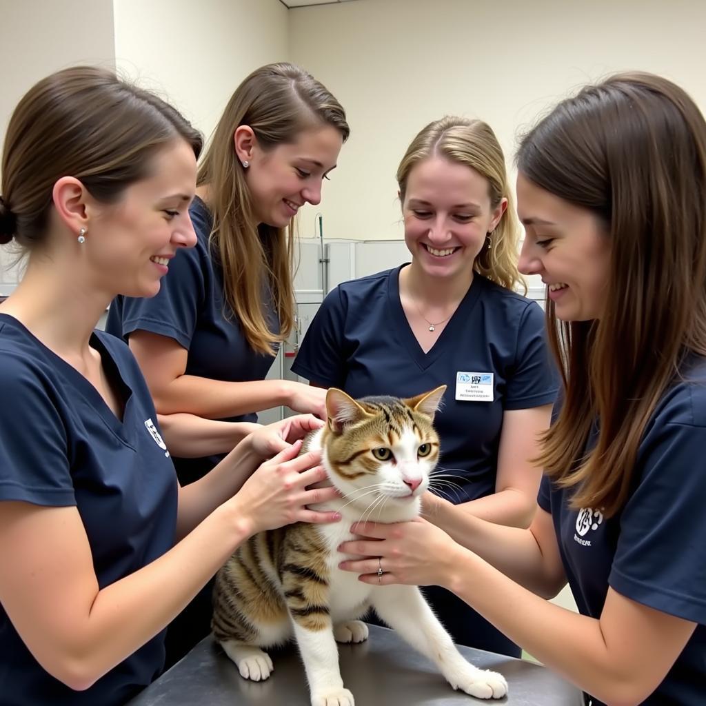 Volunteers at Fox Valley Humane Society comforting a cat