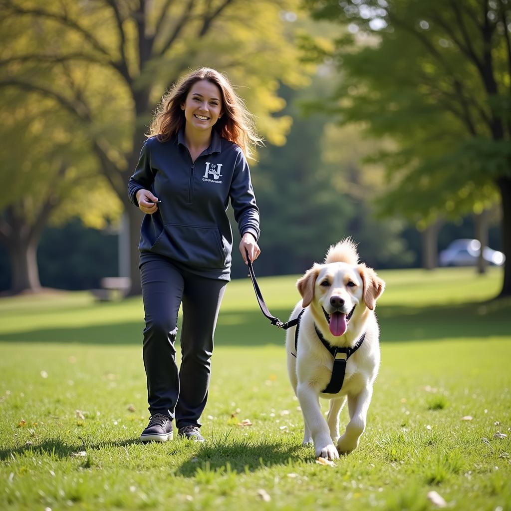 Volunteer walking a dog from the Fox Valley Humane Society