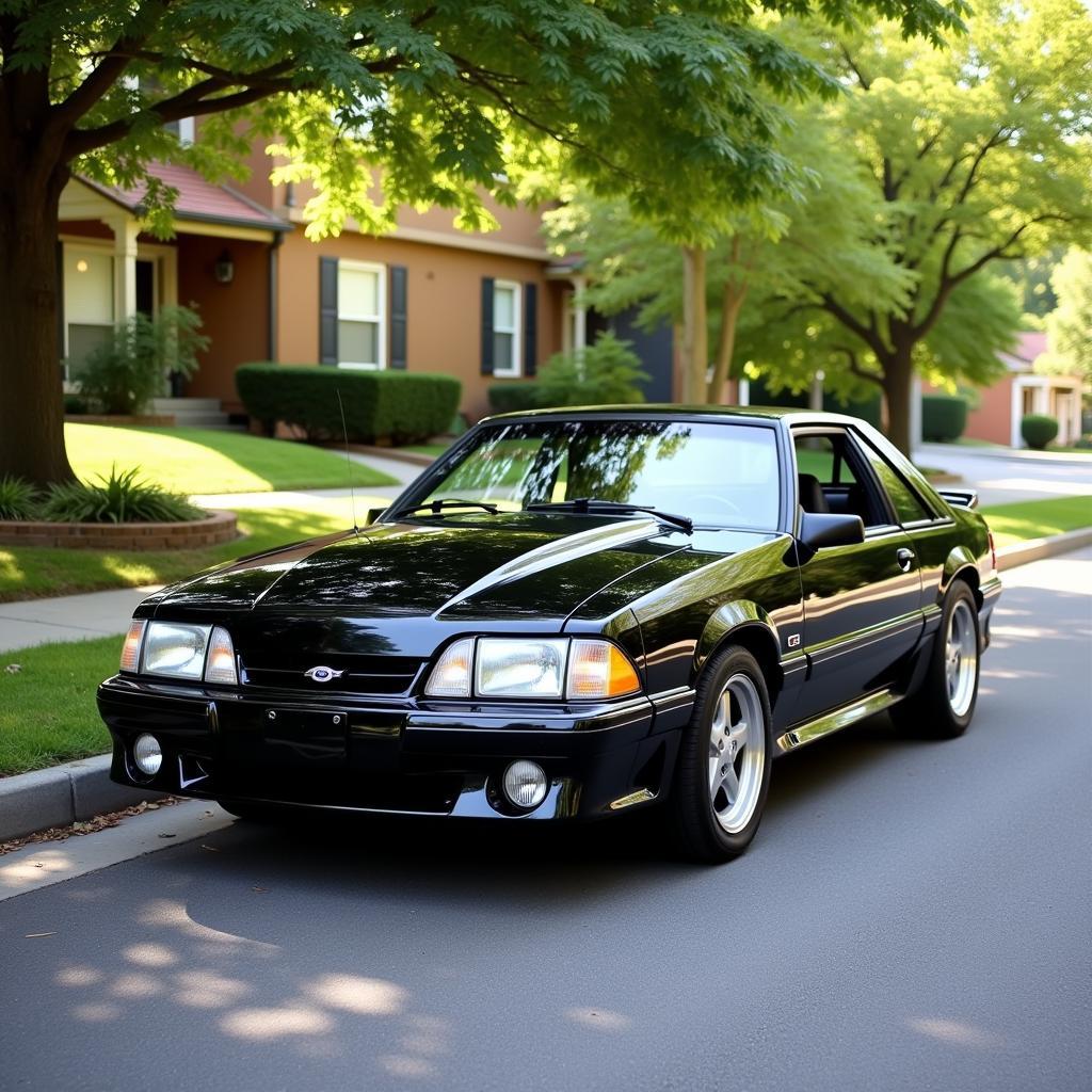 A classic Foxbody Mustang parked on a quiet suburban street