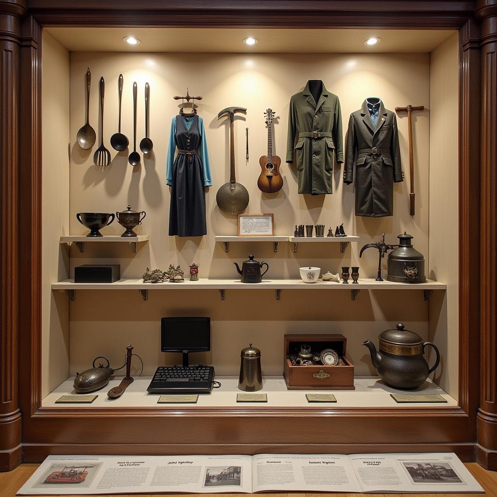 An exhibit inside the Framingham Historical Society showcasing artifacts