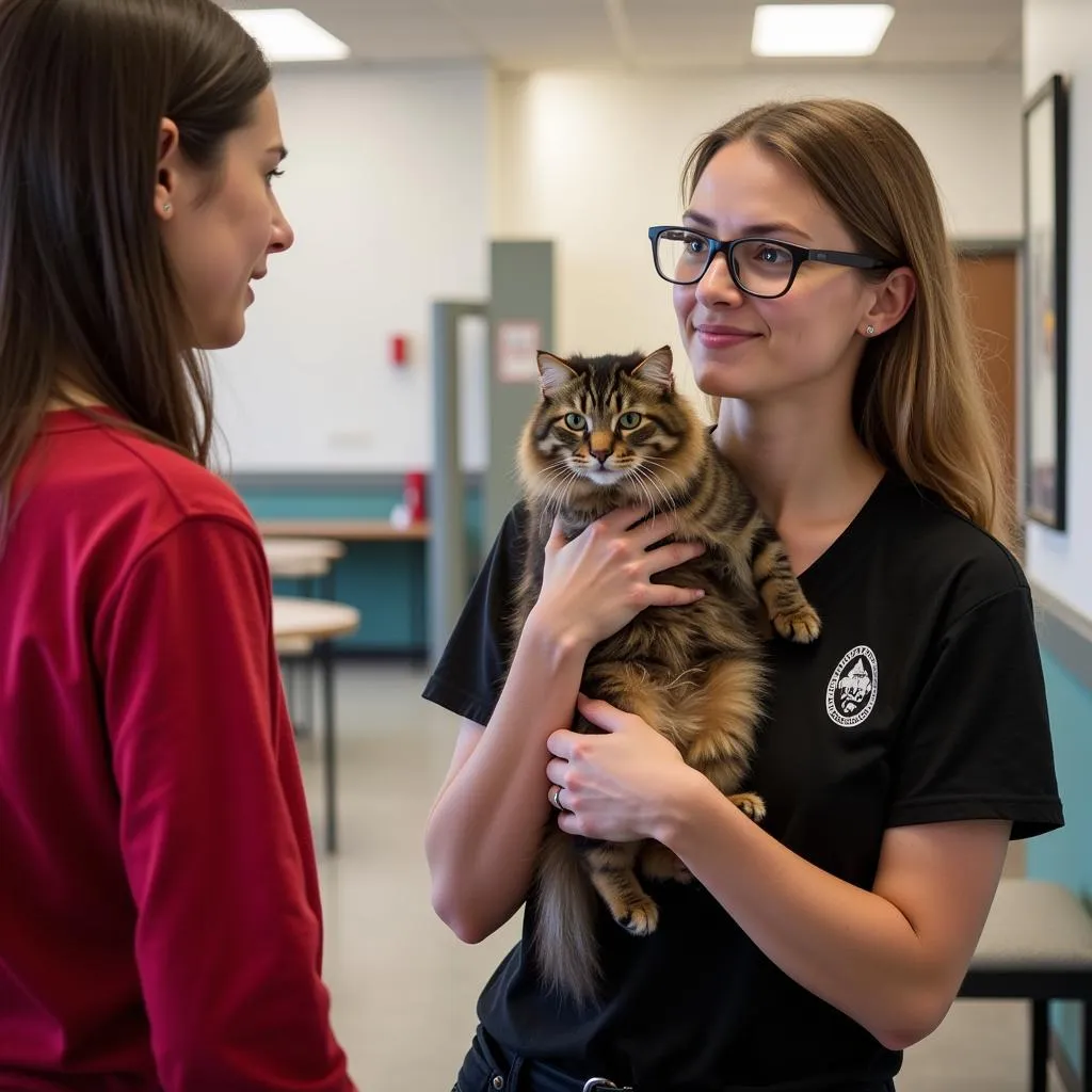 Volunteer at Franklin County Humane Society counseling potential adopter with cat