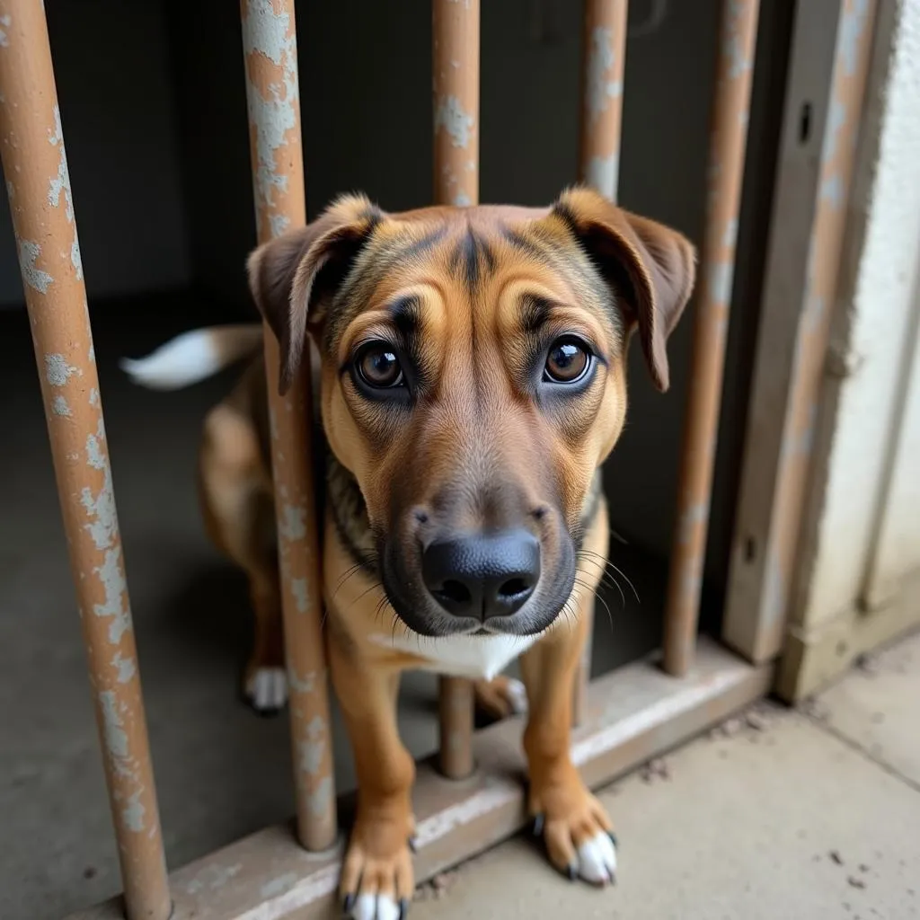 Smiling dog peering out from kennel at Franklin County Humane Society