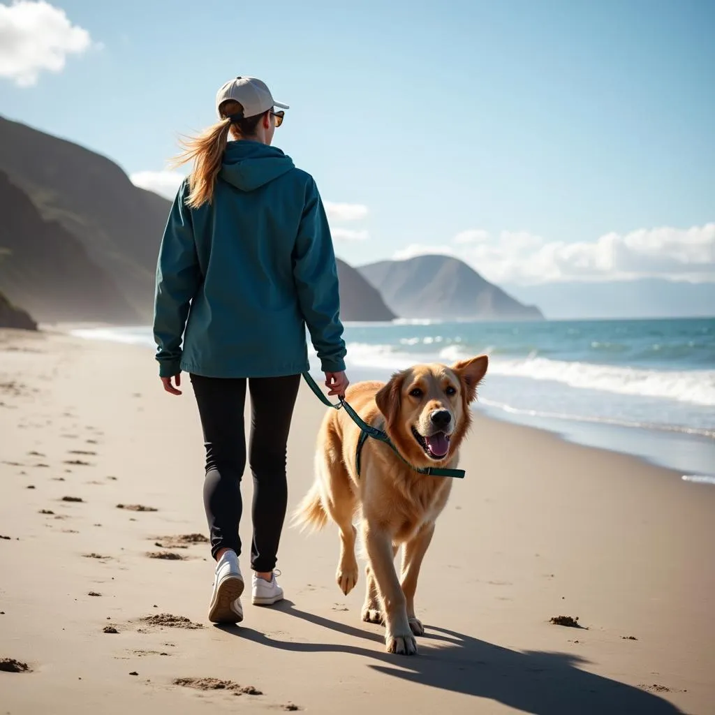 Volunteer walking a happy dog on the beach near Franklin County Humane Society