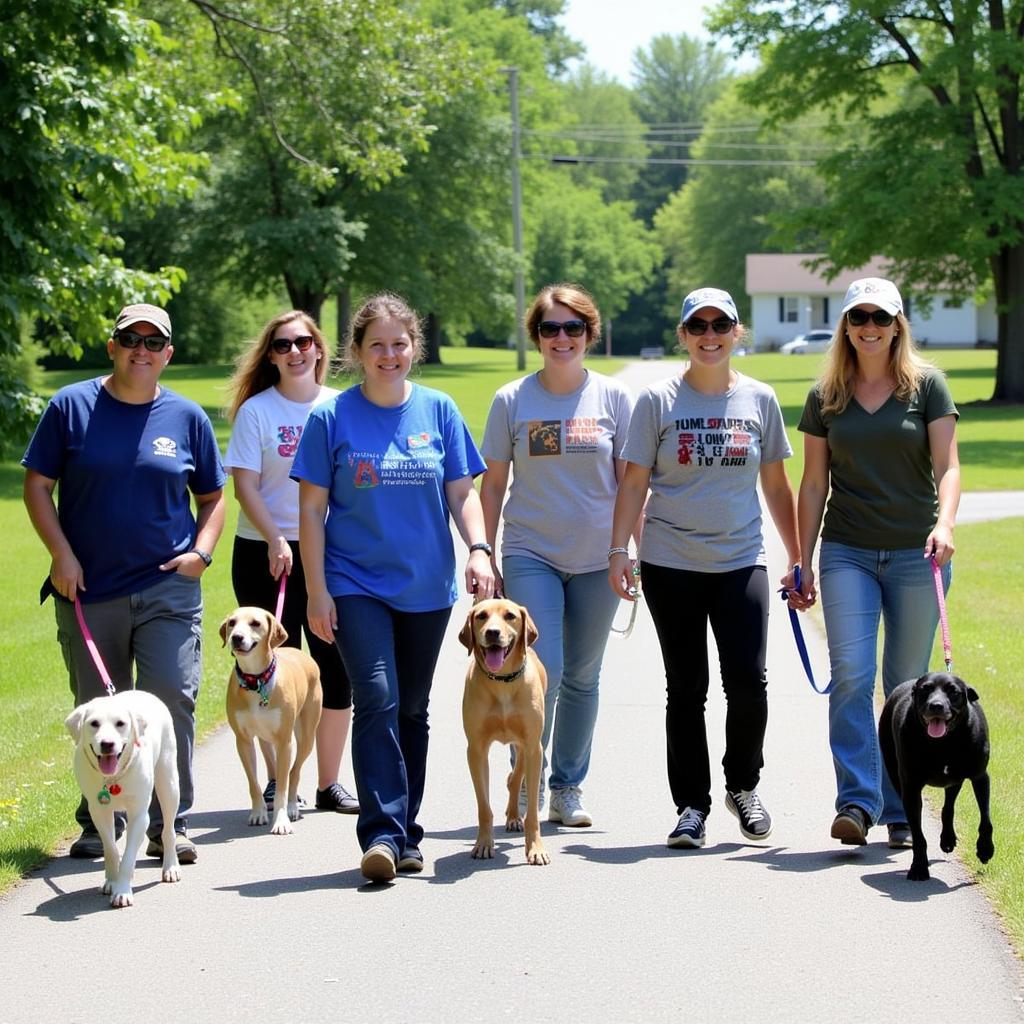 Volunteers walking dogs from the Franklin County Humane Society