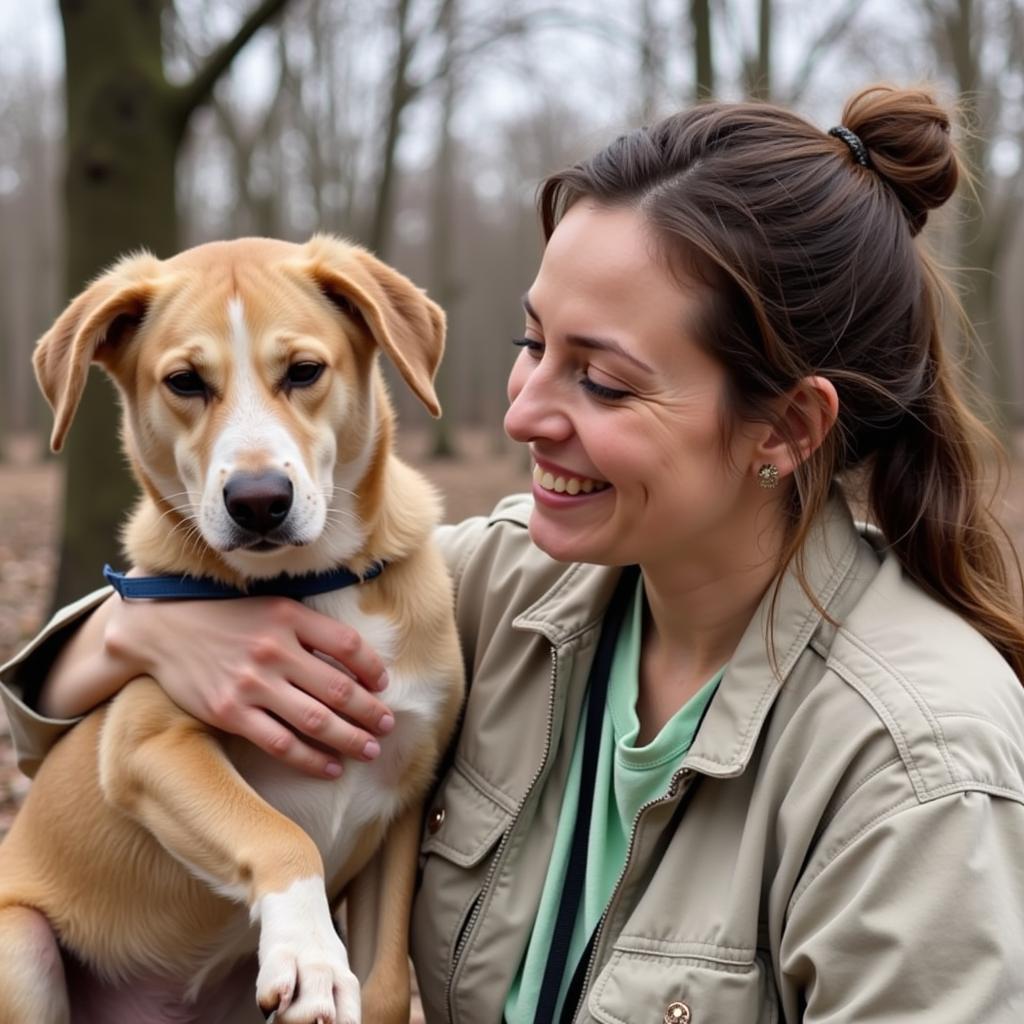 A volunteer at the Friday Harbor Animal Shelter plays with a dog