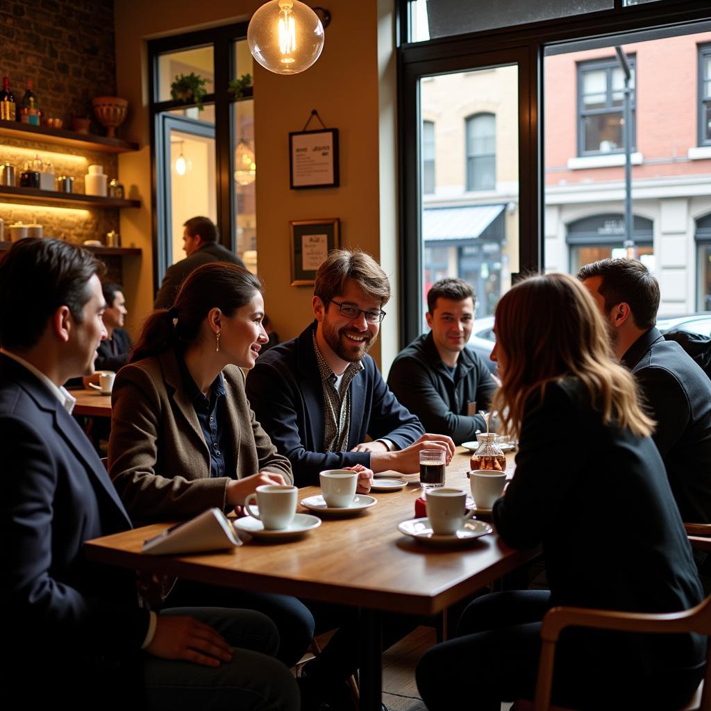 People gathering in a Soho cafe