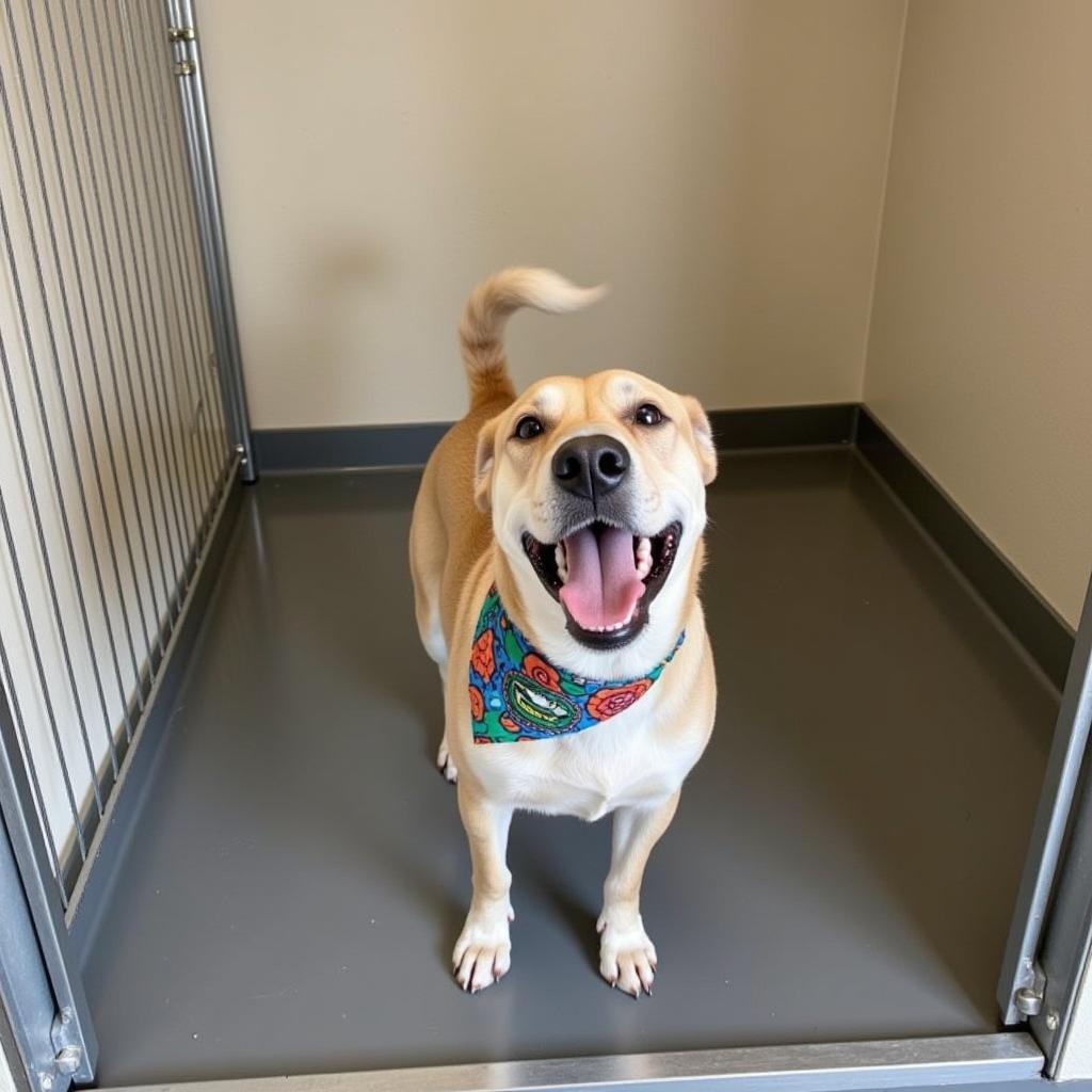 Smiling dog at Frisco Humane Society awaits adoption