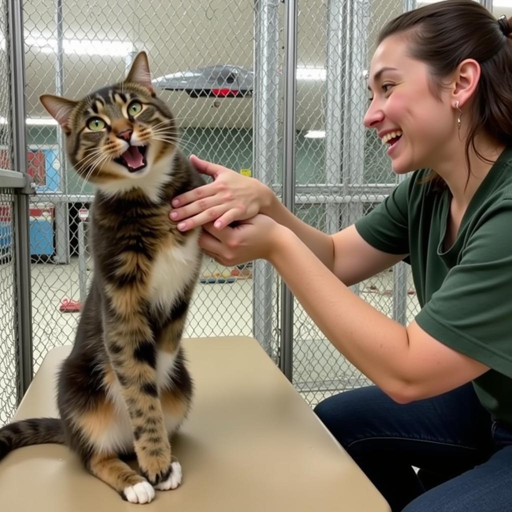 Volunteer interacts with cat at Frisco Humane Society