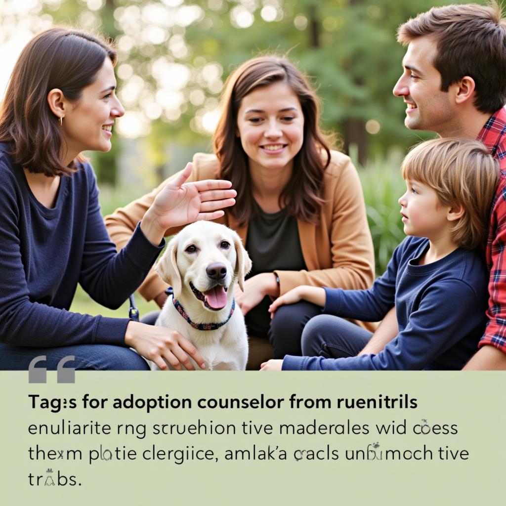 An adoption counselor interacting with a family and a dog