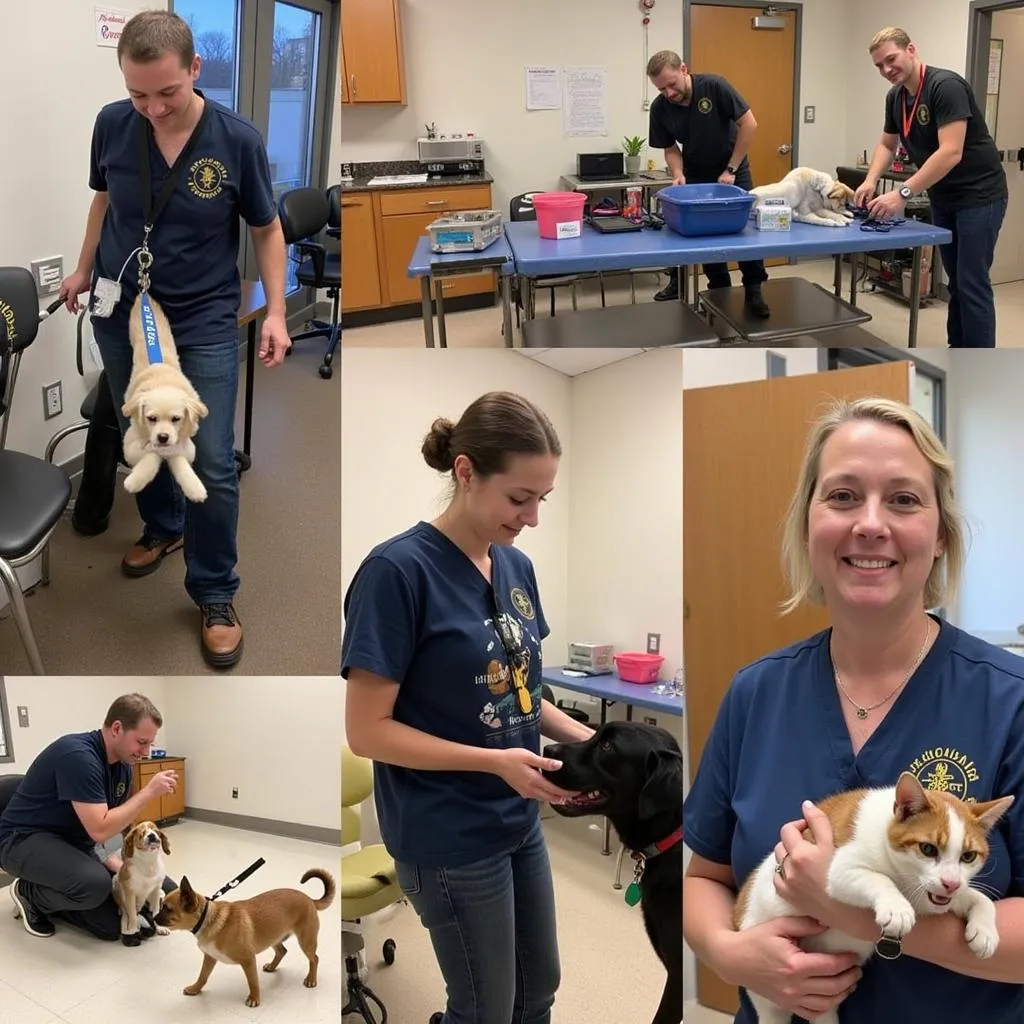 Volunteers interacting with animals at the shelter