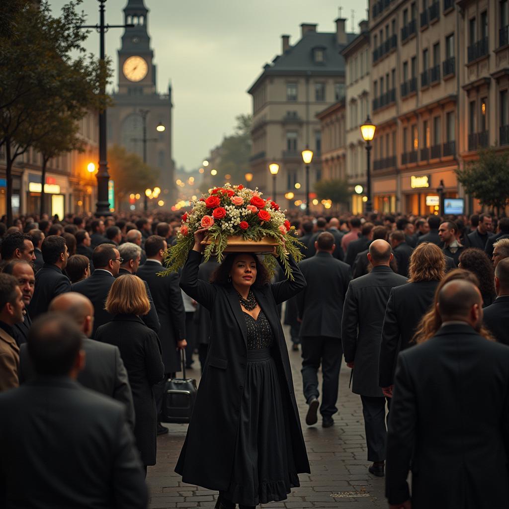 Silhouettes of people walking in a funeral procession, their heads bowed in grief, against a sunset backdrop.