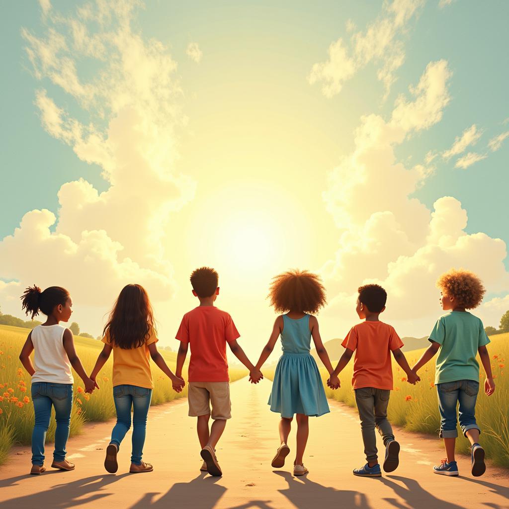 Children of different ethnicities holding hands, walking towards a bright horizon