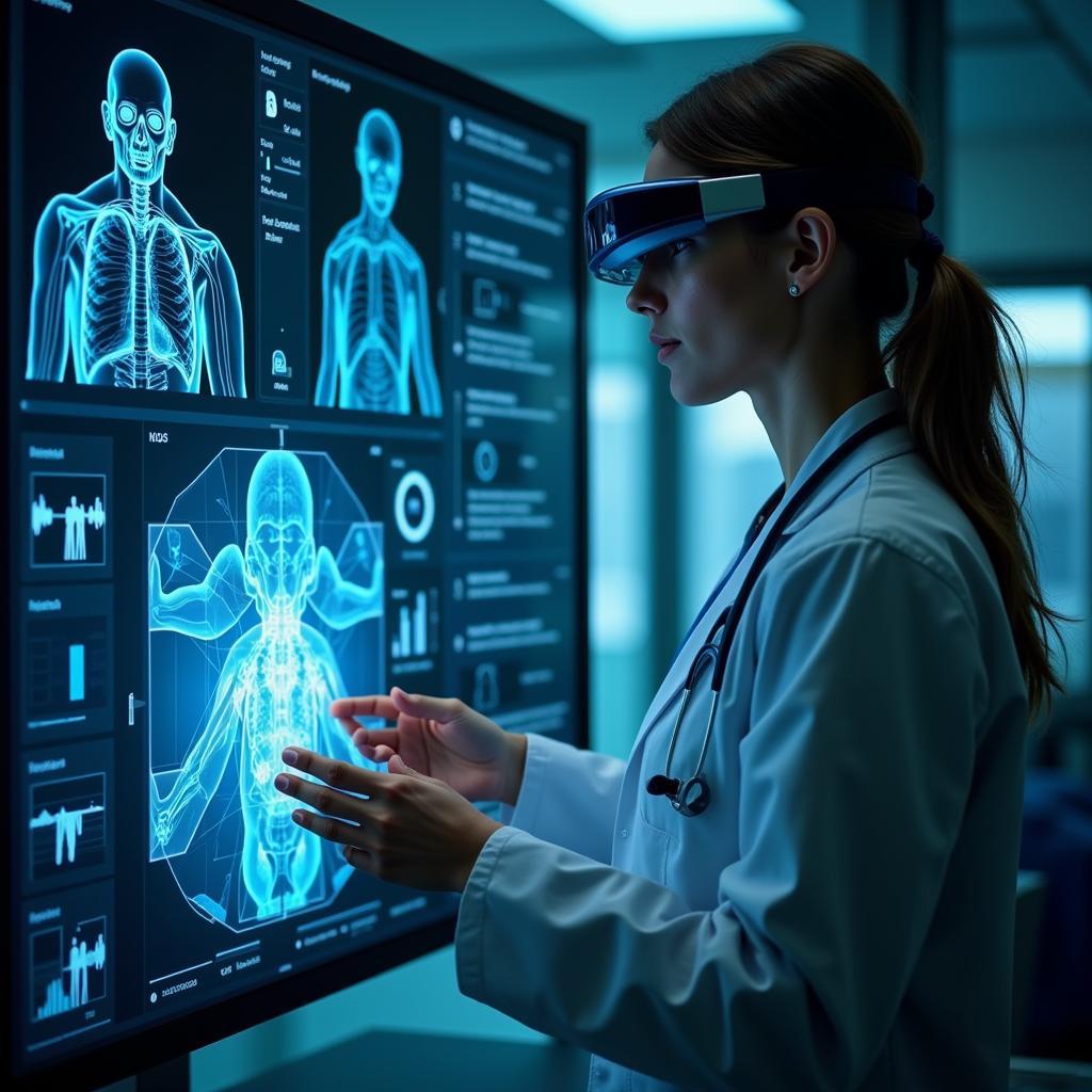 Futuristic healthcare concept with a doctor interacting with holographic patient data.