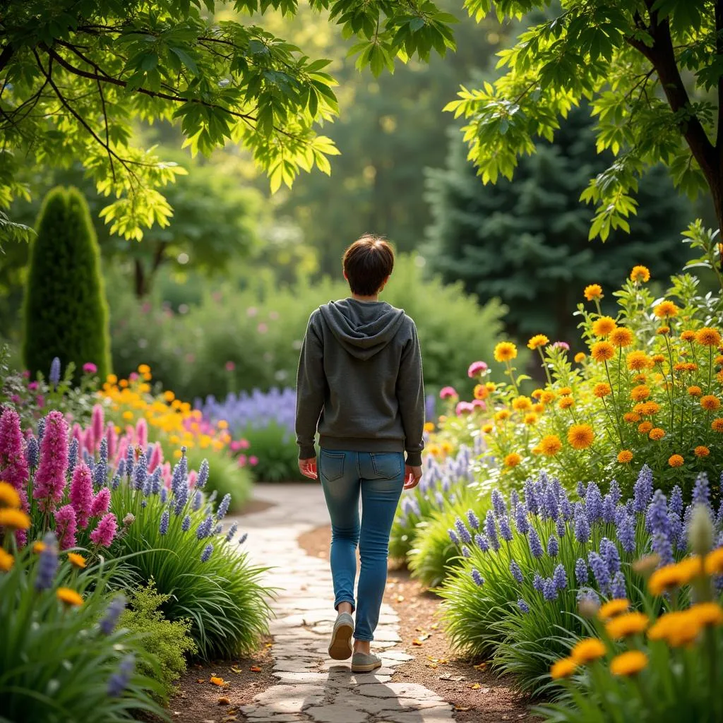 A visitor enjoying the beauty of a botanical garden participating in the AHS Reciprocal Program.