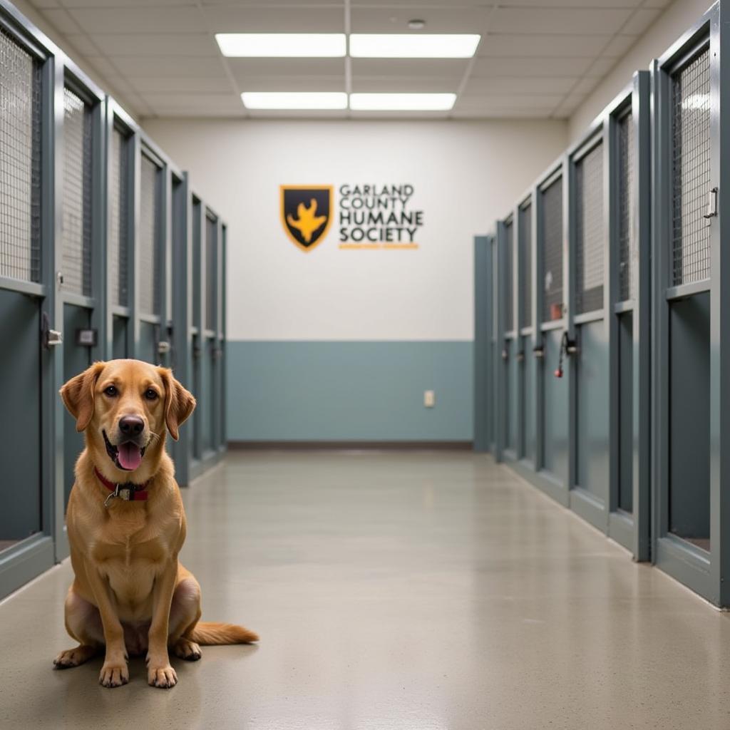 A dog patiently waiting for a forever home in a clean and spacious kennel at the Garland County Humane Society