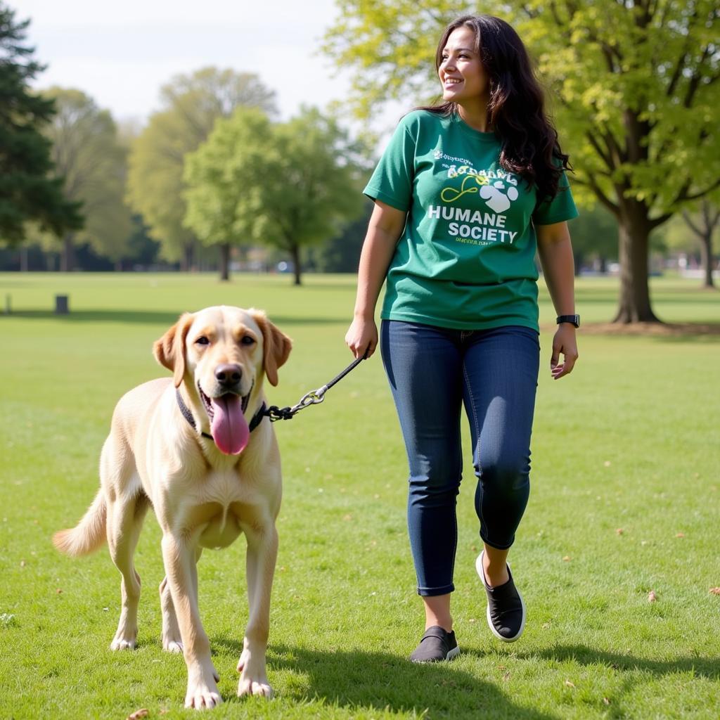 A volunteer from the Garland County Humane Society enjoys a leisurely walk with a happy dog