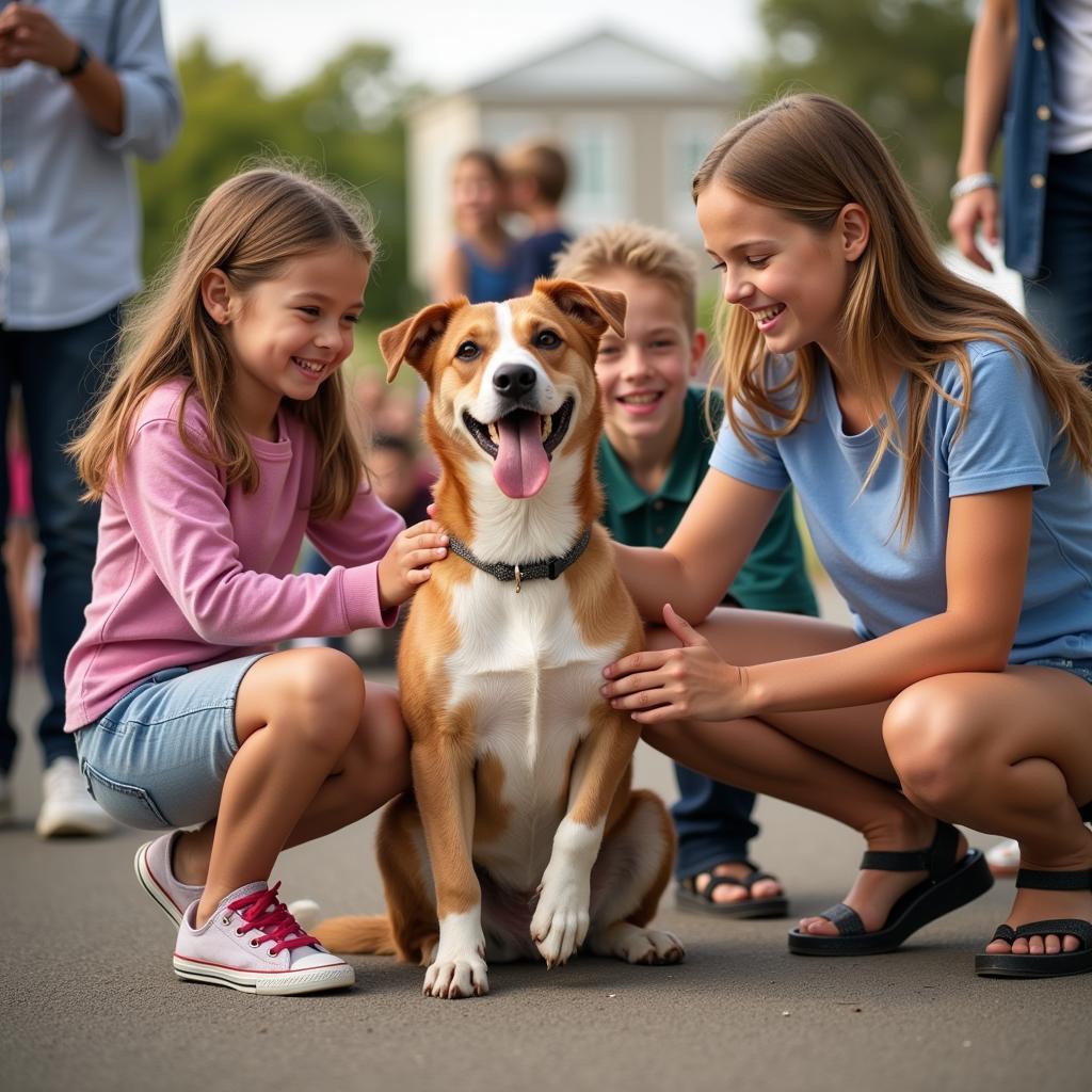 A family smiling and interacting with a dog at a Gaston Humane Society adoption event