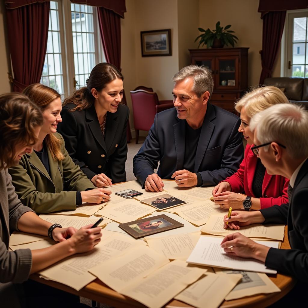 Group of people gathered around a table with documents and laptops, smiling and talking.