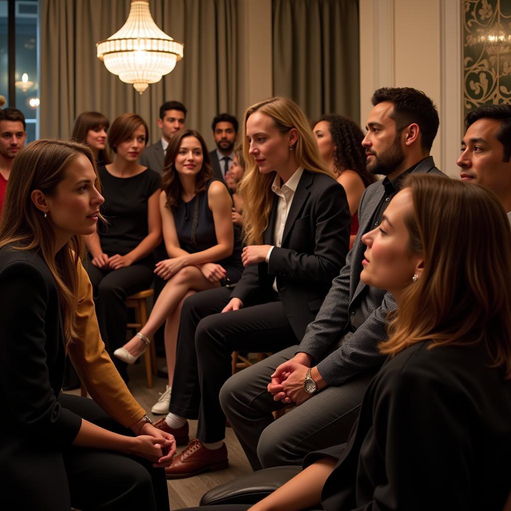 Group of intellectuals engaged in animated conversation at a social event