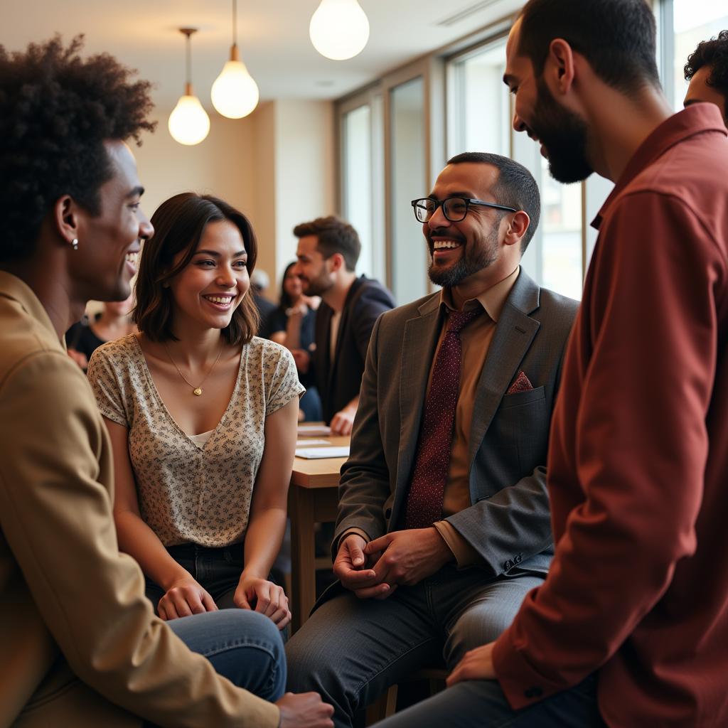 Diverse group of people engaged in conversation and laughter