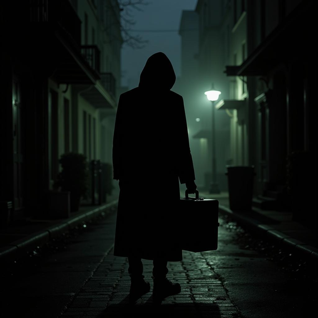 A shadowy figure holding a paranormal investigation kit with Savannah's historic architecture in the background.