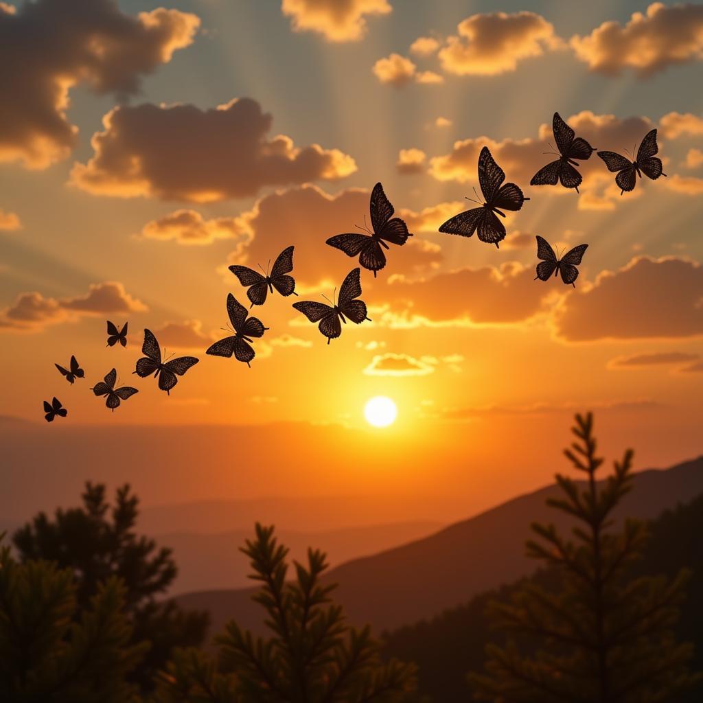 Several gilded butterflies in flight against a backdrop of a vibrant sunset.