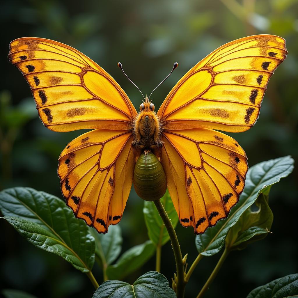 A gilded butterfly emerging from its chrysalis, symbolizing transformation and beauty.