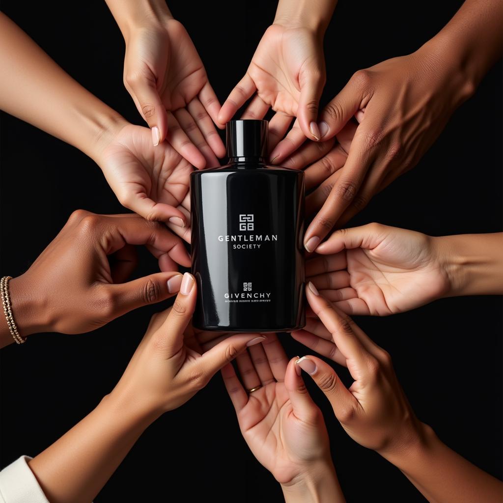 Givenchy Gentleman Society fragrance bottle held by a diverse group of hands