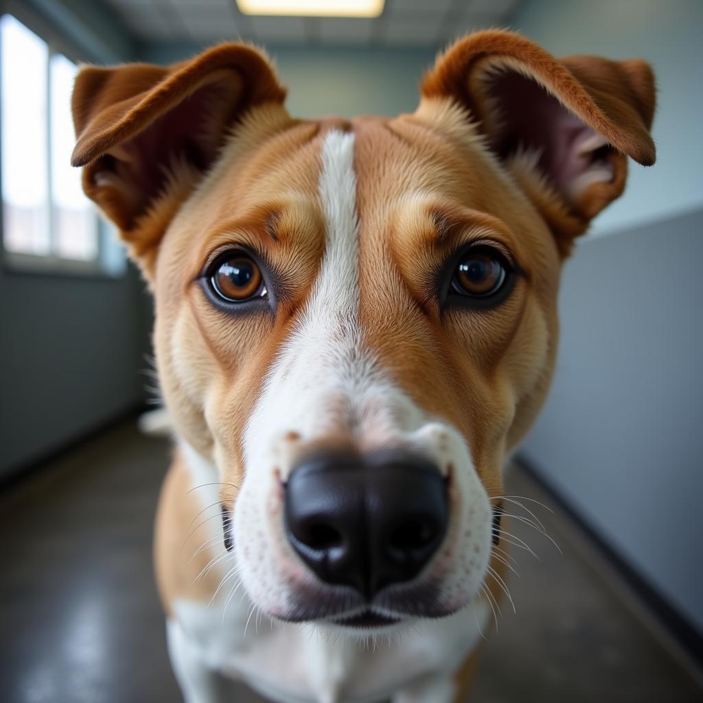 A dog peers hopefully from its kennel at Glacial Lakes Humane Society