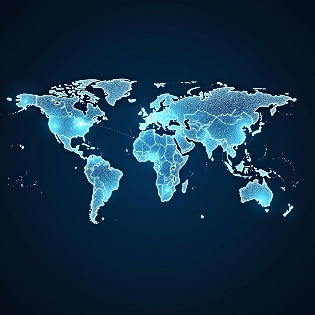 World map with interconnected nodes representing communication.