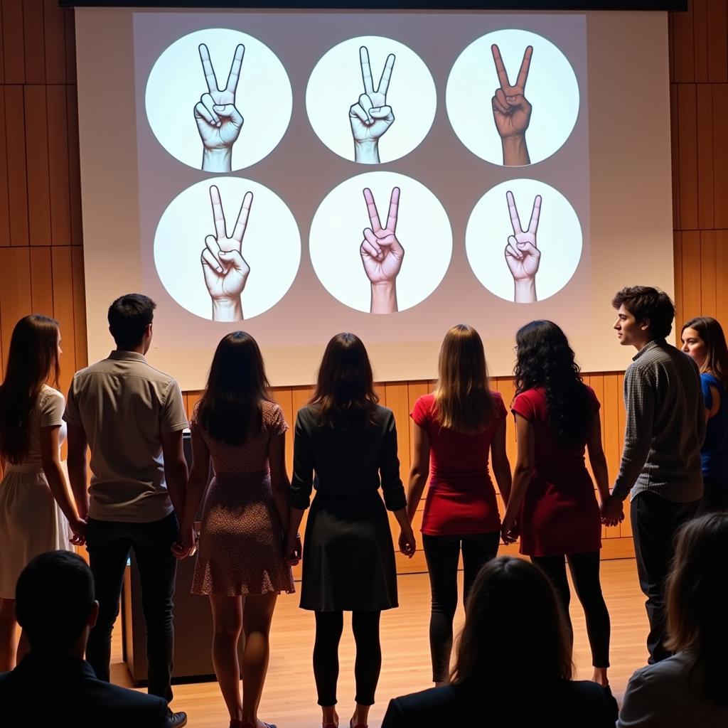 People around the world holding hands forming a circle with peace signs