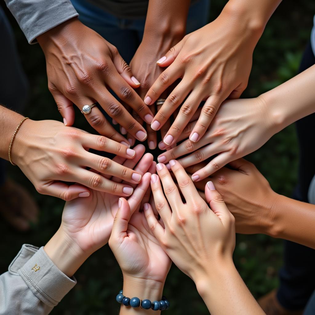 Hands of diverse people forming a circle of unity