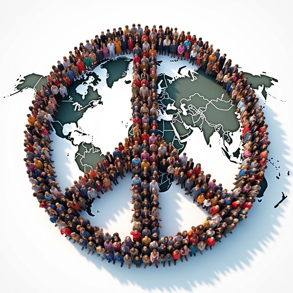 Diverse individuals forming a peace symbol on a world map