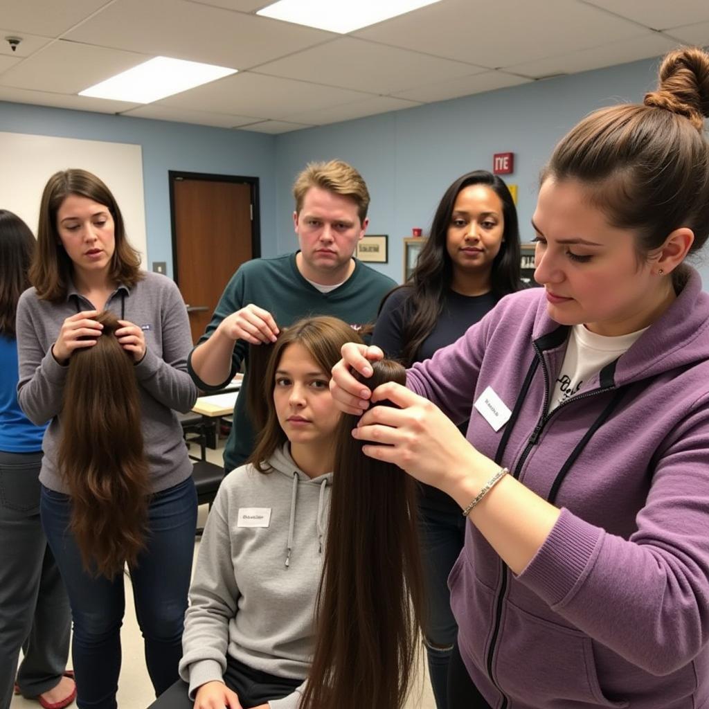 Volunteers preparing hair donations for charity