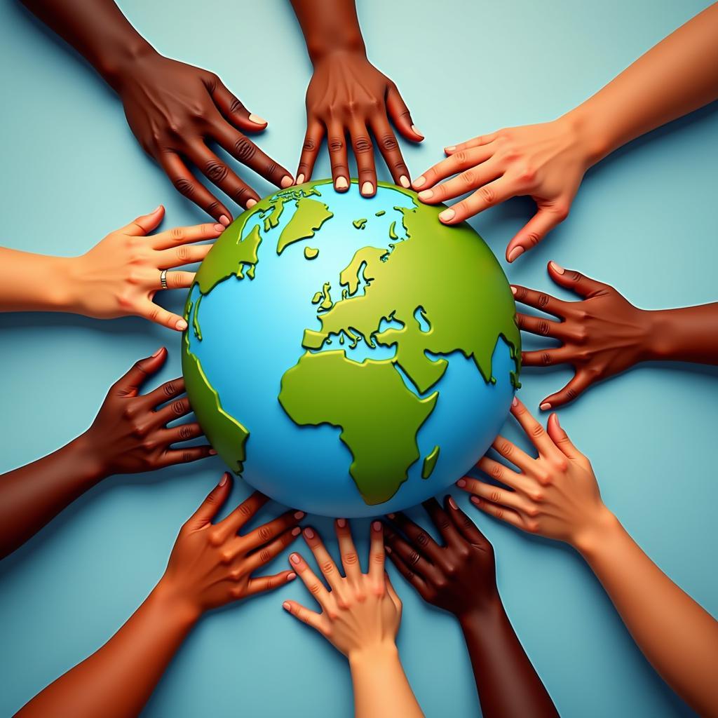 Hands reaching out to each other around a globe