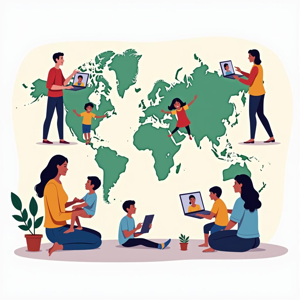 Families from different countries connecting online