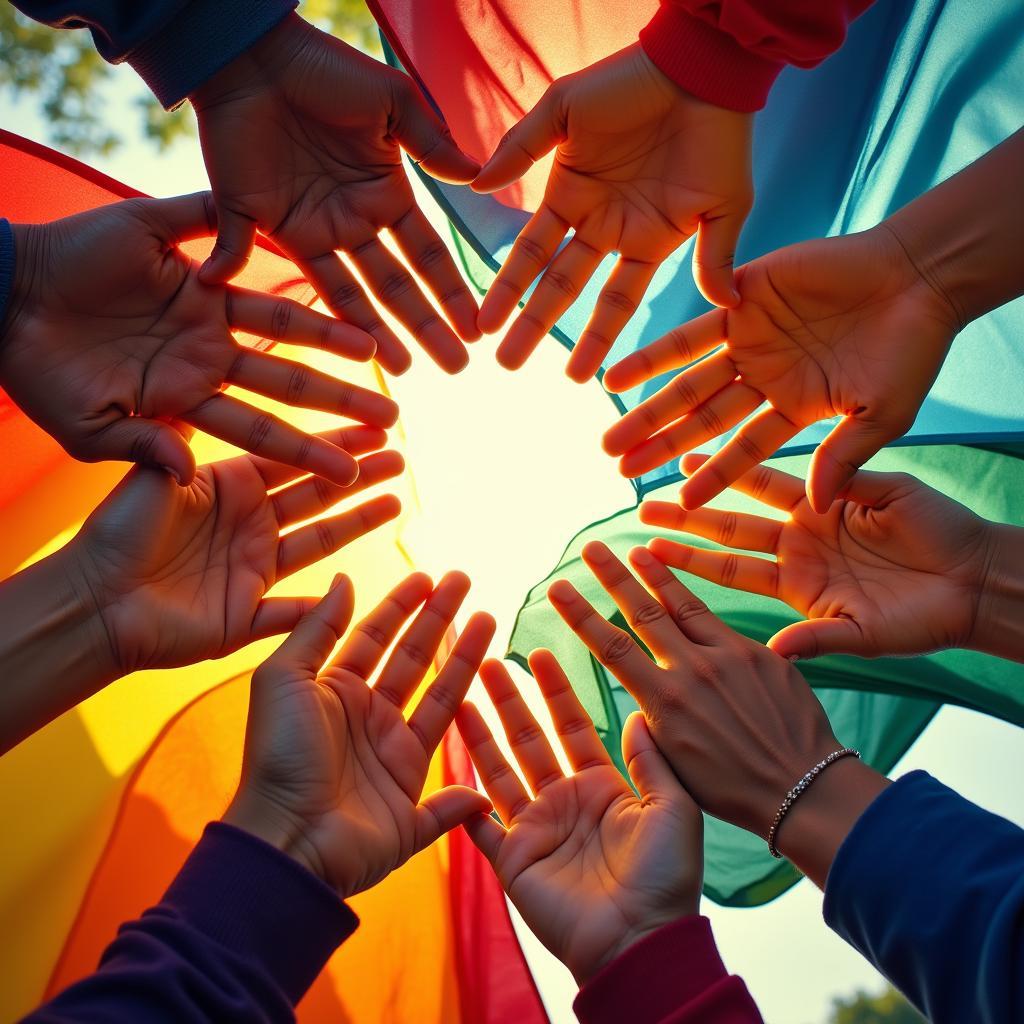 Hands from diverse backgrounds holding up a colorful fabric