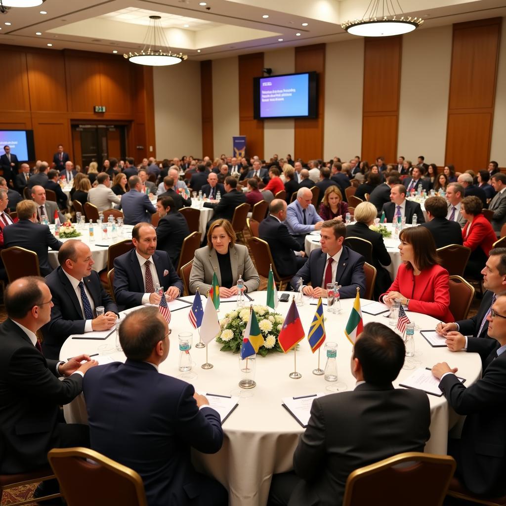 Individuals engaged in dialogue at a global peace forum