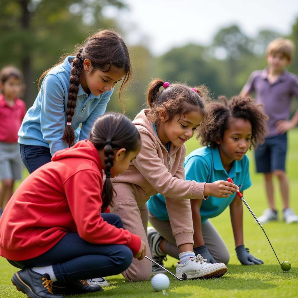 Children from different backgrounds participating in a golf workshop