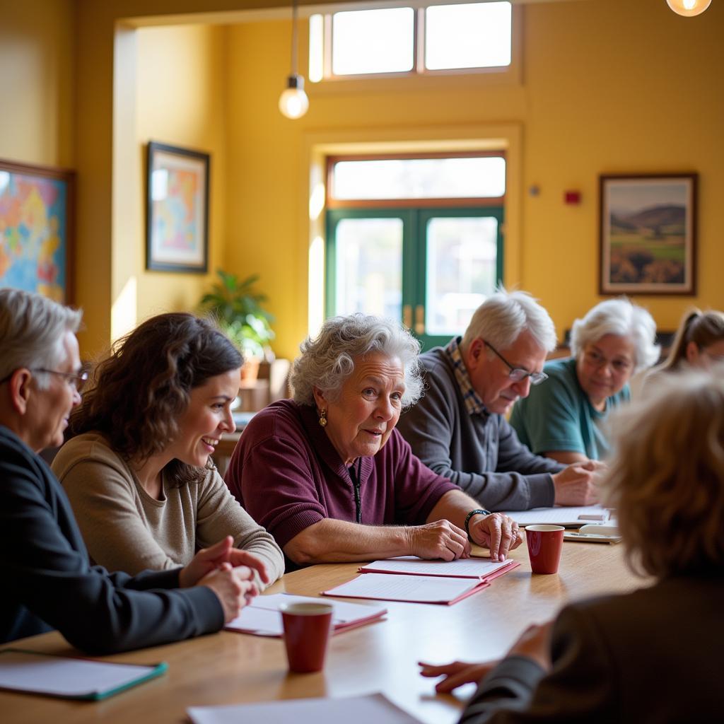 Diverse group of people smiling and interacting in a bright, welcoming community center.