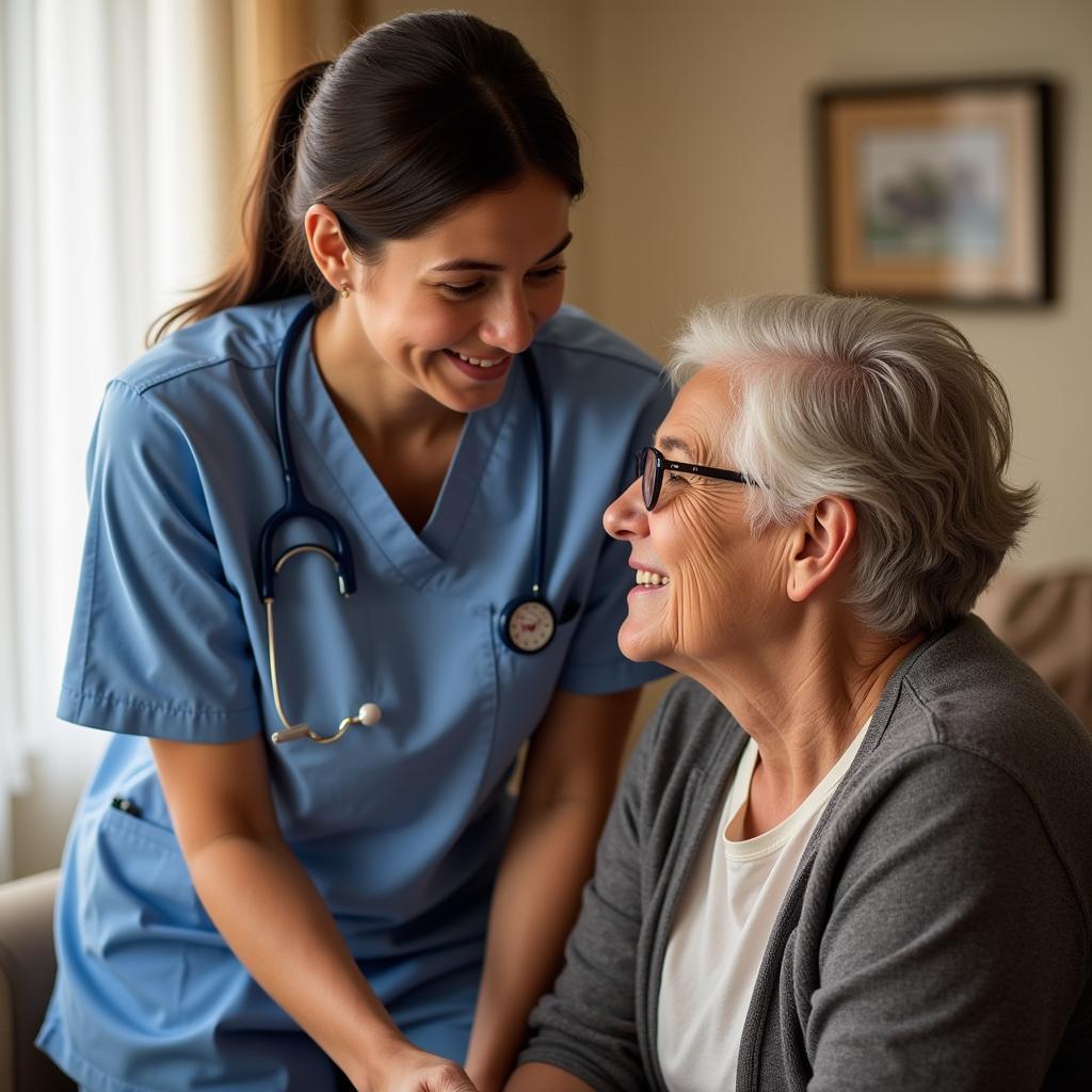 A staff member interacting warmly with a resident at Good Samaritan Society Denton Village