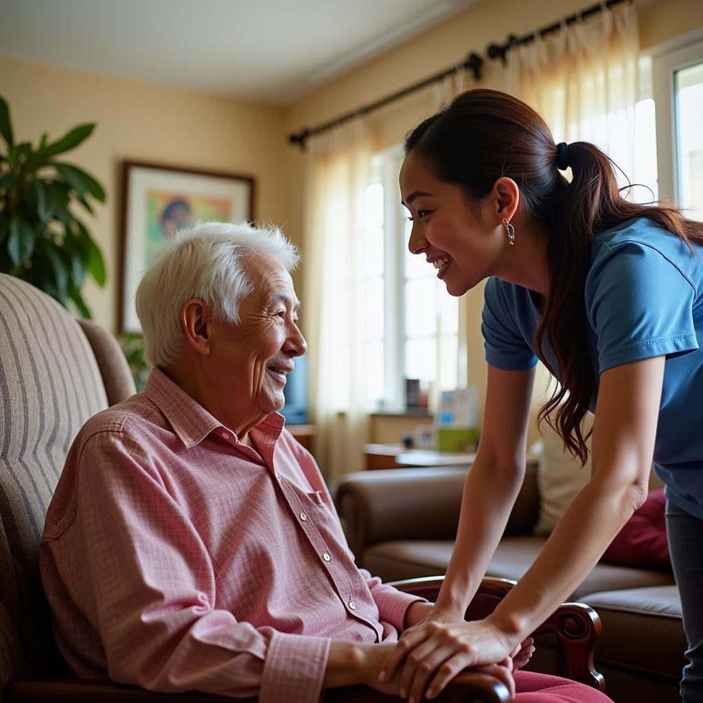 Volunteer assisting an elderly person